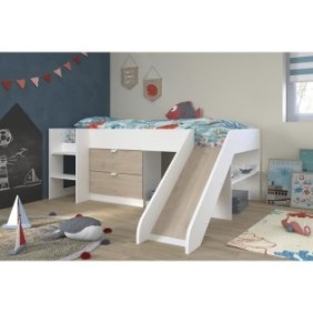 PARISOT SLIDE - Lit toboggan enfant - Décor Blanc et Chene Jackson - Sommier inclus - 90 x 200 cm