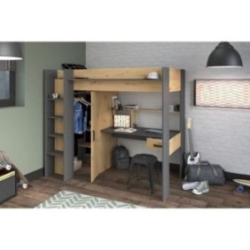 PARISOT HIGH Lit combiné mezzanine enfant - Décor chene et gris - Sommier  inclus - 90 x 200 cm