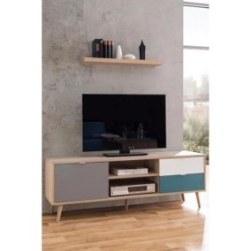 Meuble TV scandinave CUBA - Décor chene, gris, blanc et bleu pétrole - 1 Porte - L 150 x P 40 x H 51 cm