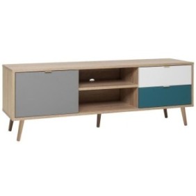 Meuble TV scandinave CUBA - Décor chene, gris, blanc et bleu pétrole - 1 Porte - L 150 x P 40 x H 51 cm