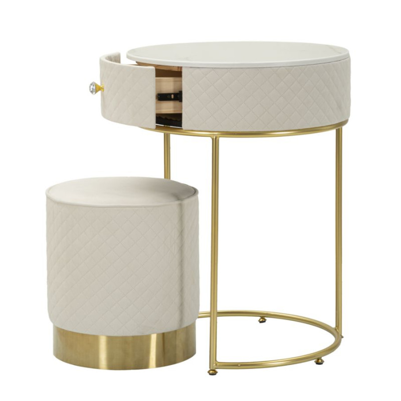 Coiffeuse Vellit Crème avec Pouf – Duo Glamour Ø52 x 70 - Ø36 x 39 cm