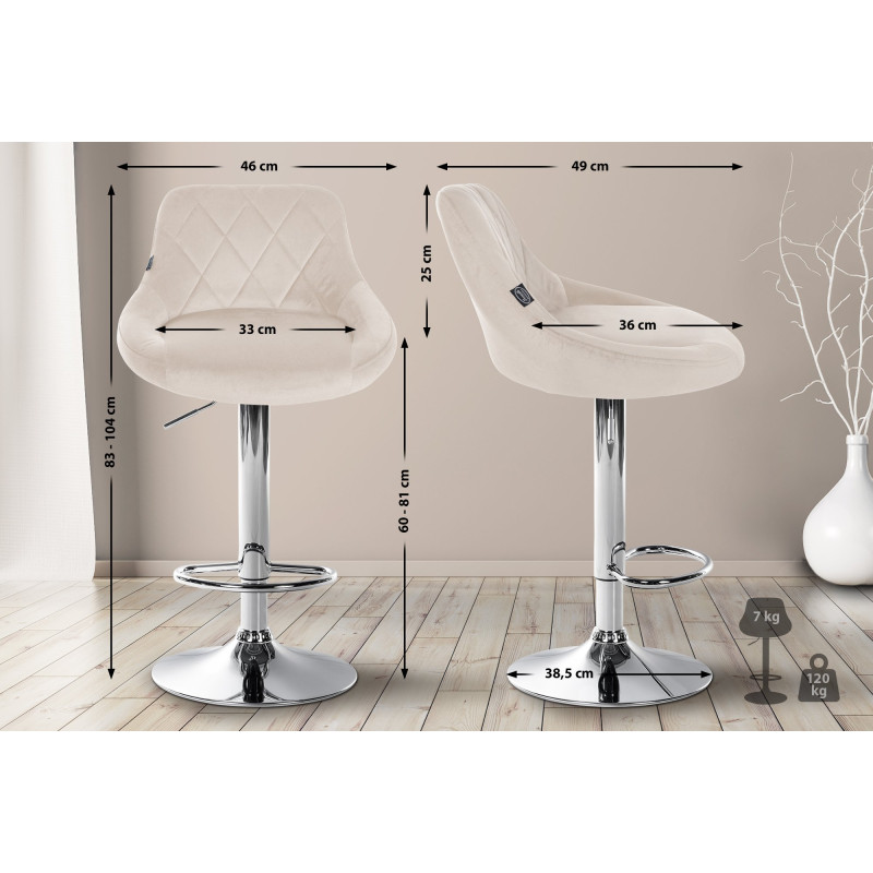 Tabouret de bar Lazio velours chrome crème