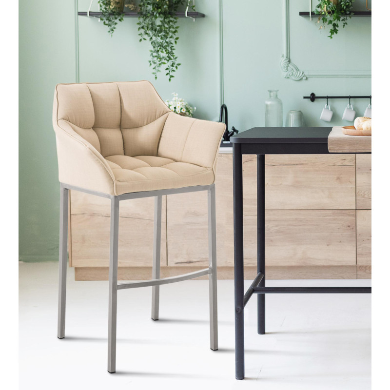 Tabouret de bar Damaso E en tissu avec piètement à 4 pieds crème