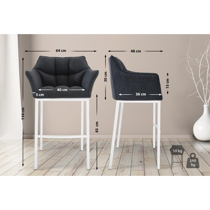 Tabouret de bar Damaso W en tissu avec piètement à 4 pieds gris foncé