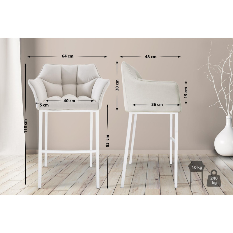 Tabouret de bar Damaso en tissu blanc, avec piètement à 4 pieds. blanc