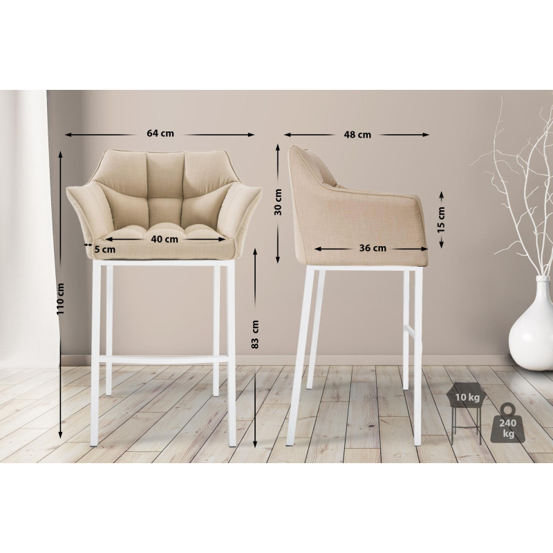 Tabouret de bar Damaso en tissu blanc, avec piètement à 4 pieds. crème