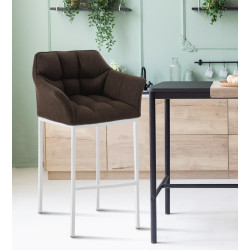 Tabouret de bar Damaso en tissu blanc, avec piètement à 4 pieds. brun