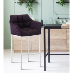 Tabouret de bar Damaso en tissu blanc, avec piètement à 4 pieds. violet