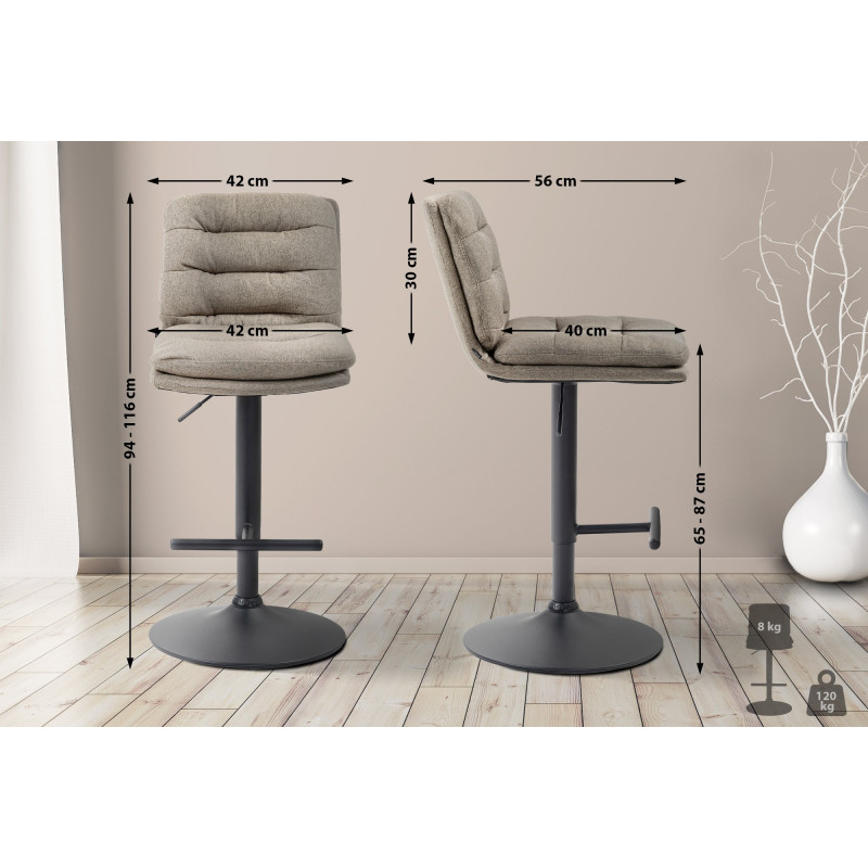 Tabouret de bar Damar tissu noir taupe