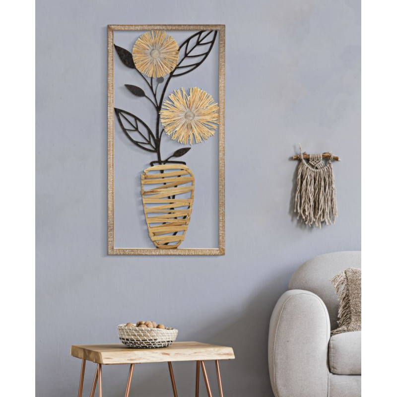 PANNEAU MURAL EN FER ET BOIS VASE CM 40X3,5X80