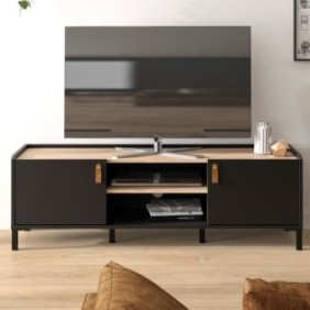 Meuble TV Gami - Style Industriel - Décor chene noir - L 136 x P 40 x H 44 cm - Made in France - AMSTERDAM