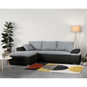 Canapé d'angle réversible convertible 3 places+Coffre - Simili noir et tissu gris - L 274 x P 184 cm - CELINA - Fabriqué en Ukra