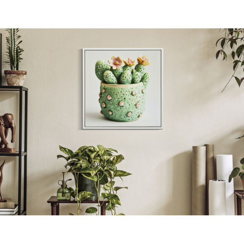 IMPRESSION SUR TOILE LAQUÉE AVEC CADRE POT DE CACTUS -A- CM 40X2,8X40