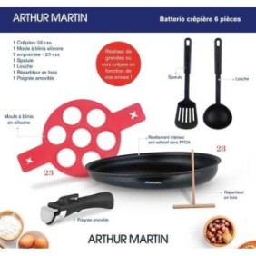 Batterie de cuisine Arthur Martin AM5563 6 pieces - Crepiere 28 cm - Aluminium - Poignée amovible - Tous feux dont induction