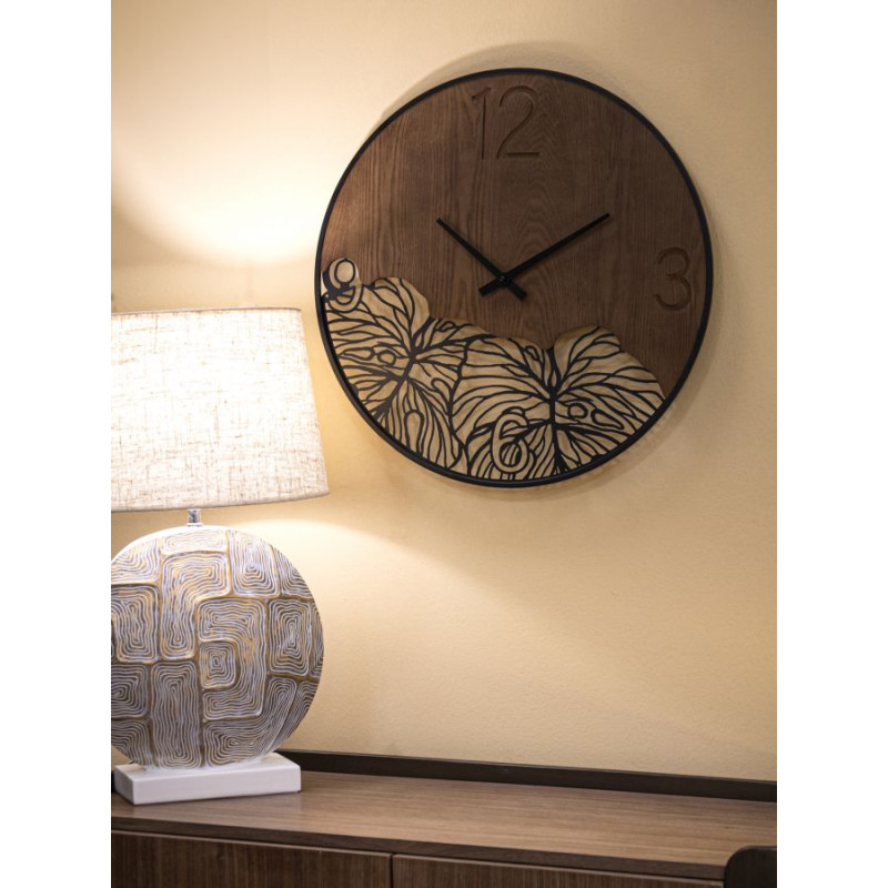 HORLOGE MURALE EN BOIS/FEUILLES CM Ø 60X2