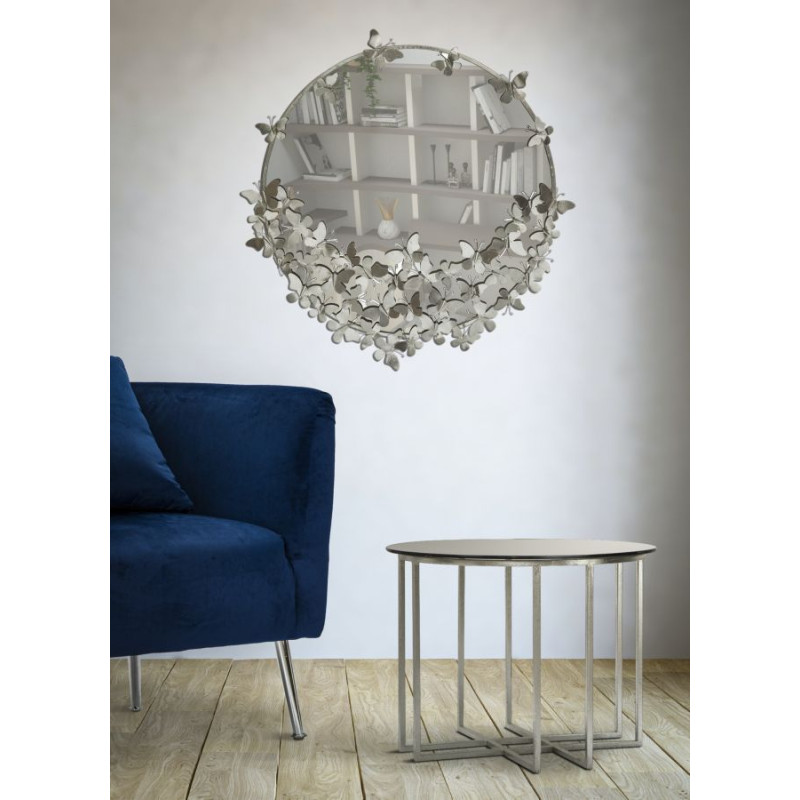MIROIR PAPILLON ROND ARGENTÉ CM Ø 91X3X94